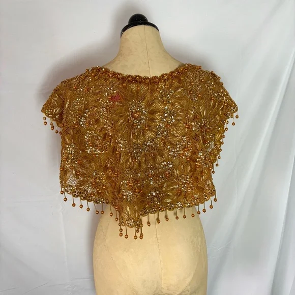 Vintage gold beaded sequin bolero shrug cape top one size glam - Picture 7 of 7